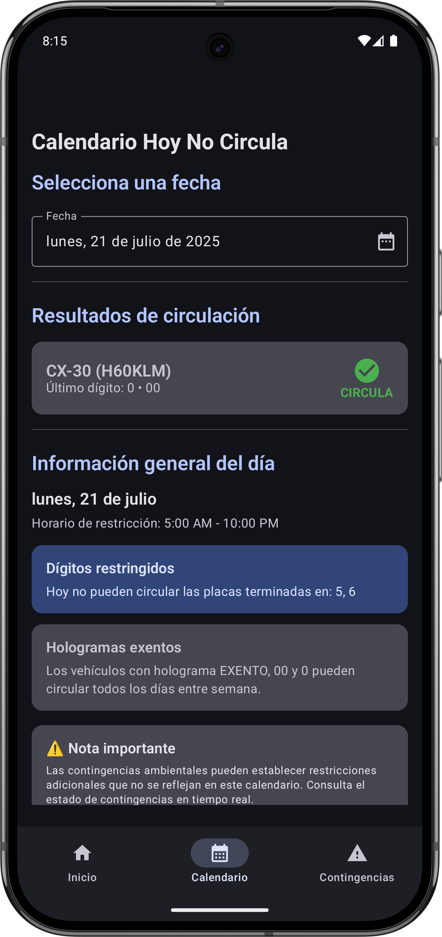 Captura de pantalla mostrando la función principal de consulta del programa Hoy No Circula